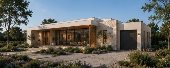 הדמיה של חזית בית פרטי באבן טבעית ובטיח לבן